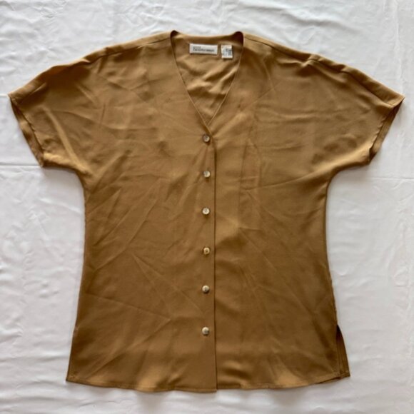 Dana Buchman 100% Silk Blouse Tan Camel Brown Dolman Sleeve Top - Picture 1 of 10